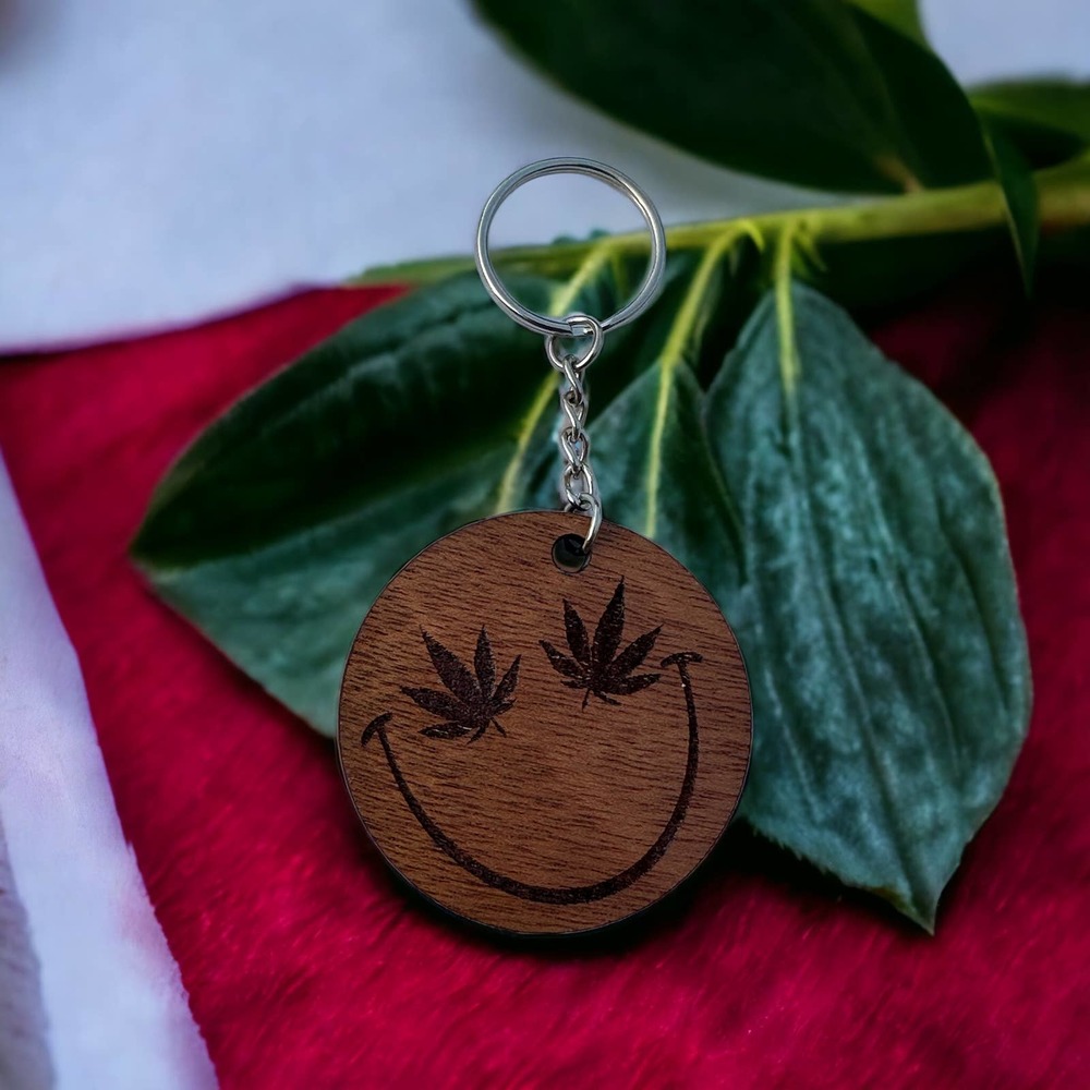 Weed Smily Wood Keychain